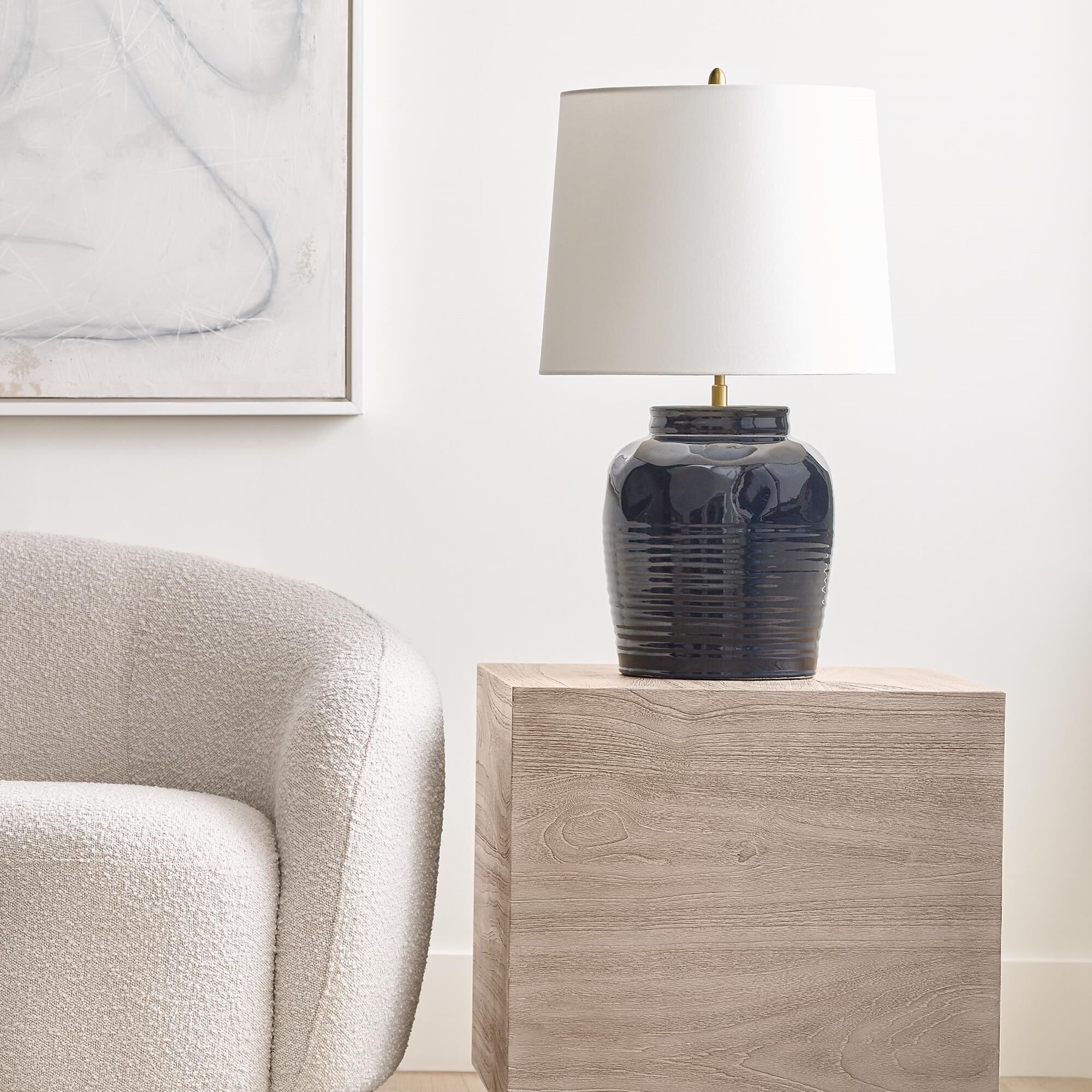Shown in Mixed Blue Brown finish and Linen shade